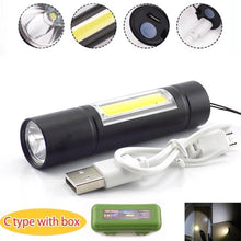 이미지를 갤러리 뷰어에 로드 , 미니 강력한 2 손전등 COB Q5 USB 충전식 linterna 작업 플래시 라이트 토치 램프 배터리 낚시 캠핑 linternas
