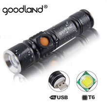 이미지를 갤러리 뷰어에 로드 , Goodland USB LED 손전등 충전식 LED 토치 라이트 Lanterna T6 고성능 배터리 랜턴 전술 손전등 자전거
